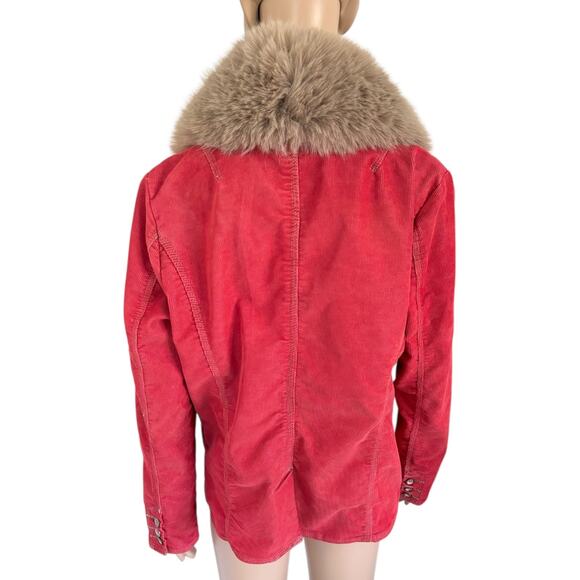 Upcycled Red Corduroy Fur Collar Jacket Penny Lane Mob Wife Boho Glam 70s Style - Picture 6 of 9